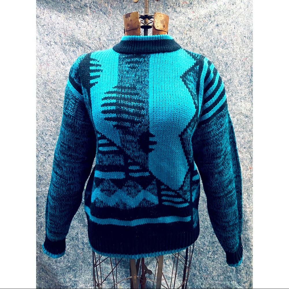 Vintage Frontline Teal & Black Geometric Sweater